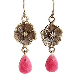 Bronze Tone Flowers and Faceted Raspberry Jade Teardrop Earrings. Jewelry Earrings for Women #3298FE3270