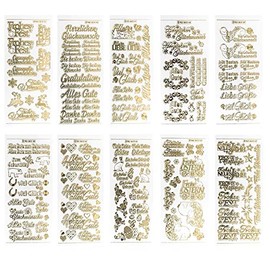 Ideas with Heart Engraving Stickers, Transparent/gold, 10 Sheets of 10 x 23 cm, Golden Stickers for Crafts and Decorating, Birthday, Christmas, Retirement and More