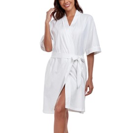 COLORFULLEAF Women 100% Cotton Dressing Gown Short Knit Bathrobe Lightweight Soft Robe Spa Hotel Loungewear With Pockets S-XXL(White,L)