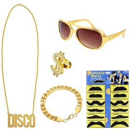 CLDURHGE 80's/90's Party Fun Accessories Set – Eye-Catching Gold Chain, Dollar Sign Ring, and Retro Sunglasses, Ideal for Men’s Outfits and Fake Money Themes