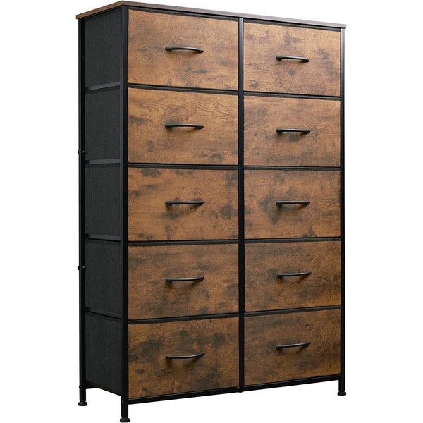 WLIVE Tall Dresser for Bedroom with 10 Drawers, Chest of Drawers, Fabric Dresser for Closets, Storage Organizer Unit with Fabric Bins, Steel Frame, Wood Top, Rustic Brown Wood Grain Print