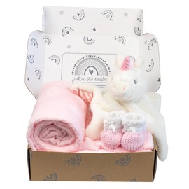 Baby Box Shop - 4 Baby Essentials for Newborn Baby Girl, Ideal as Baby Shower Gifts & Christening Gifts for Girls, Includes a Unicorn Baby Comforter, Pink Fleece Baby Blanket and Pink Cotton Booties