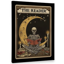 PHAMTE Boho Gothic Skeleton Reading Book Wall Art Decor Canvas 11x14, Celestial Moon Tarot Card Pictures Decorations, Goth Bookish Framed Prints Artwork for Reading Room Corner Nook Library Decor