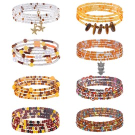 ELABEST 24-39inch African Waist Beads for Women 8Pcs Elastic Belly Beads Colorful Beaded Waist Jewelry Accessories Body Chain (Brown, 31.5inch/80cm)