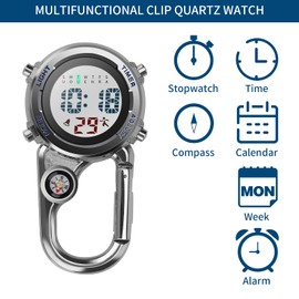 Aceshop Carabiner Watch Digital Clip On Quartz Watch Multifunctional Carabiner Watch FOB Luminous Compass Carabiner Watch with Compass for Doctors Nurses Paramedic Chefs Sports Unisex Men Women, blue,