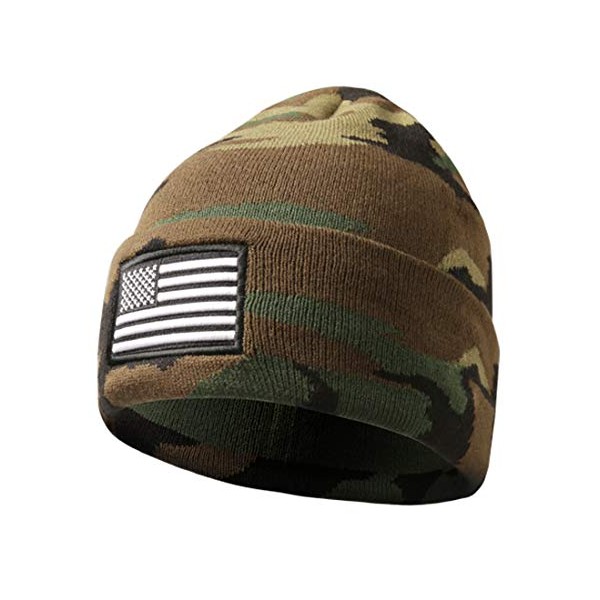 MIRMARU Men’s US American Flag Embroidered Folded Cuff Skull Beanie Cap – Comfortable Stretchy Warm and Cozy Winter Hat (Woodland Camo)