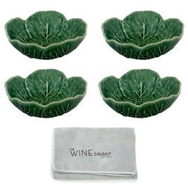 Bordallo Pinheiro Cabbage Bowl Green Set of 4 with Wine Savant Cleaning Towel Bundle Kitchen Bowls for Oatmeal, Ramen, Dessert, Snack, Pho, Salad, Soup, Pasta, Cereal Novelty Gifts 6oz Capacity