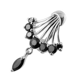 Black CZ Crystal Stone Hand Fan with Marquis Gems Dangling Reverse Bar 925 Sterling Silver Belly Ring Body Jewelry