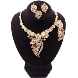 NA African Dubai Gold Jewelry Nigerian Crystal Necklace Hoop Earrings Ring Women Italian Bridal Jewelry Sets Wedding Accessories (Gold)
