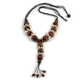 Avalaya Brown Wood Bead with Sea Shell Element Tassel Black Cord Necklace - 70cm L/ 15cm Tassel