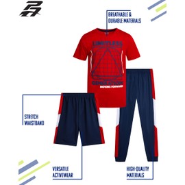 Pro Athlete Active Boys Pant Sets - 3 Piece Crew Neck Short Sleeve Boys TShirts Athletic Shorts and Jogger Sweatpants (8-16), Size 8, Red/Navy/Navy Print