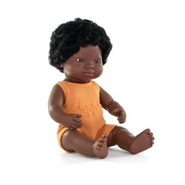 Miniland Doll 15'' Colourful Edition African Girl with Melon Rompers (Box) - Made in Spain, Anotomically Correct, Quality, Inclusion