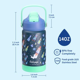 rockpapa Kids Insulated Water Bottle with Straw, BPA-Free, 18/8 Stainless Steel, Leak Proof, 14OZ Metal Cup Water Bottle for School Boys Girls (Blue Rocket)