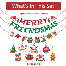 Friendsmas Party Decorations, with 1pcs No DIY Merry Friendsmas Banner and 8pcs Merry Friendsmas Hanging Swirls, Friendsmas Christmas Party Decorations for Winter Xmas Christmas Holiday Party