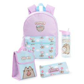 Pusheen Girls Backpack Set | Kids 4 Piece Blue & Pink Rucksack Bundle with School Bag, Pencil Case, Lunch Bag & Water Bottle | Kitten Cat Graphic Complete Matching Set | Back to School Gifts
