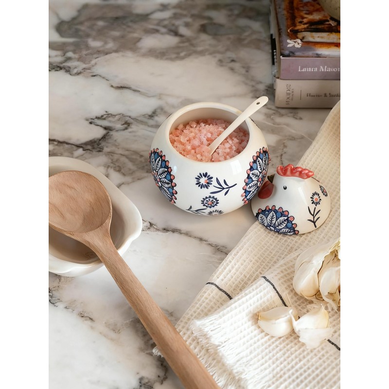 13OZ Ceramic Salt Cellar with Lid and Spoon,Chicken Salt Container