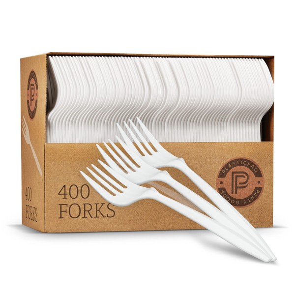 PLASTICPRO Cutlery 400 Mediumweight White Disposable Plastic Forks