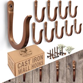 Antique Copper Railroad Spike Cast Iron Hooks (10 Pack) Handmade Blacksmith, Wall Mounted Decorative Hooks, PowderCoated for Interior or Exterior Use, Rust Proof for Hanging Coats, Bags or Pots