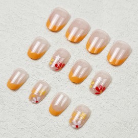 Flower Press on Nails Short Oval Fake Nails Orange False Nails Press ons with Floral Design - Reusable Acrylic Nails Glossy Full Cover Artificial Stick on Nails for Women Manicure 24 Pcs