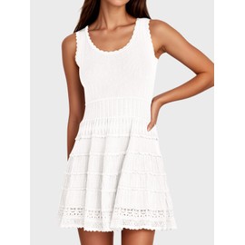 Fisoew Womens Summer Mini Dresses Casual Crewneck Knitted Crochet Hem Flowy Tank Sundress White