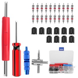 Tyre Valve Remover, Valve Repair with Double and Single Head Valve Core, Car Bike Tyre Valve Remover, 4 in 1 Valve Core Repair Tool, Pack of 10 Tyre Valve Caps, 20 Pieces Valve Core