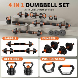 VTORY Adjustable Dumbbell Set, 30lb Free Weights Dumbbells Set, 4 in1 Dumbbells Set Barbells, Kettlebells, Push-Up Stands Weight Set, Non Slip Grip, Ergonomic Design, Weight Set for Home Gym, Set of 2