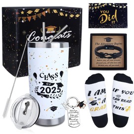 CAKKA 2025 Graduation Gifts for Him Her, College High School Graduate Gifts Box Bulk with Tumbler Bracelet Socks Keychain Thanks Card for Class of 2025 Graduates Girls Boys Women Men