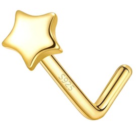 925 Sterling Silver L Shaped Nose Rings Stud for Women - 14k Gold Plated 20g Heart/Star/Flower/Butterfly/Ball/Pearl Nose Stud, Dainty Gold Nose Piercings Jewelry (Gold Star)