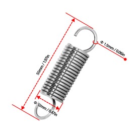 NICAVKIT Pack of 10 Stainless Steel Tension Springs with Hooks, Tension Spring 50 mm Free Length, Outer Diameter 12 mm, Wire Diameter 1.5 mm - 1.5 x 12 x 50 mm
