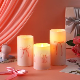 Tujoe 3 Pcs Coquette Pink Bow Flameless Candles LED Battery Pillar Candles Set Battery Operated Flickering Gifts with Remote Pink Bow Decor for Holiday