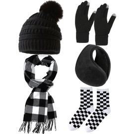 KIKVTER Women's Hat Scarf Winter Set, Winter Hat Scarf Gloves Set Women's Thermal Winter Hat Knitted Hat Beanie with Bobble Scarves Winter Gloves Knitted Gloves, Pack of 5.