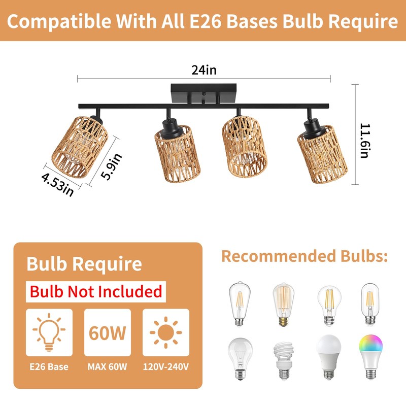 4 Light E26 Track Lighting Fixtures Ceiling Rattan Farmhouse Boho