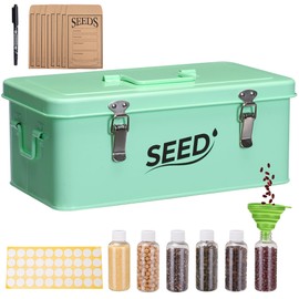 Candco Seed Storage Organizer, Metal Seed Storage Box with Lid and Safety Locks, Seed Bin Packet Container with 12 Seed Bottles, 20 Seed Envelopes, Funnel, Marker Pen and Label Stickers