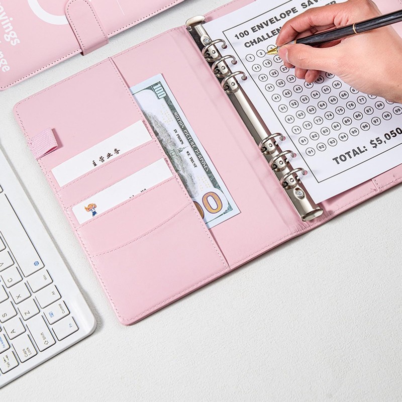 A5 Binder Notebook, 100 Days Saving Challenge Binder, PVC Leather