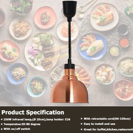 KOUWO Commercial Food Heat Lamp French Fry Warmer Light for Food Service Hanging(Dia25cm(Copper))