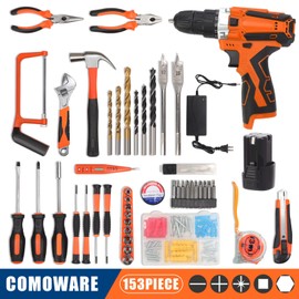 COMOWARE 16.8V Cordless Drill Set Combo Kit, 153 Pcs Tool Kit for Home, Professional Household Tool Sets for Men, Basic Tool Kit with Power Drill, Tool Set with Drill for Garden Office Home Repair