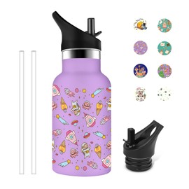 Grsta Trinkflasche Edelstahl, 350ml Trinkflasche Kinder, Lässig Trinkflasche mit Strohhalm, Trinkflasche Auslaufsicher, BPA-freie, Wasserflasche Geeignet für Jungen und Mädchen, Lila-Astronaut