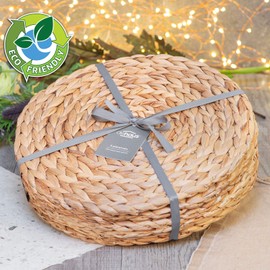 Dehaus® Round Placemats - Set of 6, 30cm Water Hyacinth Table Mats - Luxury Quality Woven Wicker Table Place Mats - Natural Handmade Wooden Seagrass Kitchen Dining Table Accessories