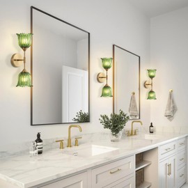 BYOLIIMA 2-Lights Gold Wall Sconce with Green Glass Shades Modern Mid Century Bathroom Vanity Wall Light Fixtures Industrial Brushed Brass Wall Lamp for Bedroom Mirror Living Room