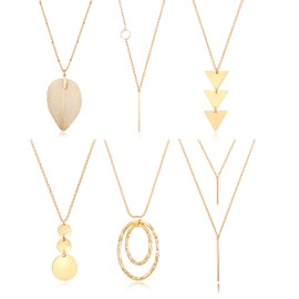 Fesciory 6 PCS Long Pendant Necklace for Women, Gold Bar Circle Leaf Triangle Tassel Y Necklace Set(Set 1)
