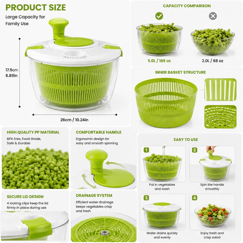 Manual Salad Spinner for Washing & Drying Vegetables – Large