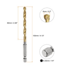 HARFINGTON 4pcs 1/4" Hex Shank Twist Drill Bits 5mm Titanium Coated High Speed Steel Quick Change Hex Drilling Bit Jobber Drill Bits for Wood Plastic Metal, Gold