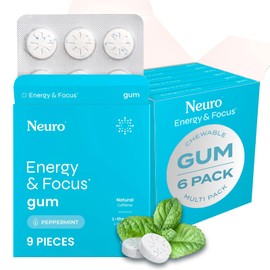 Neuro Energy & Focus Gum - 40mg Natural Caffeine Gum & Nootropic Energy Supplement with L-Theanine & B Vitamins - Sugar Free, Vegan - Peppermint, 54ct