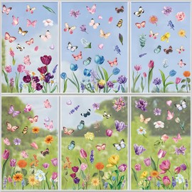 9 Sheets Spring Summer Window Stickers Tulips Flower Window Clings Double-Sided Stained Glass Clings Floral Window Clings for Spring Summer Window Decorations