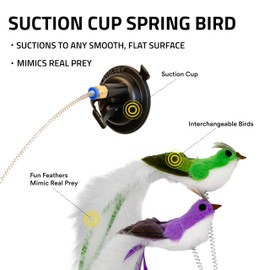 Playology Cat Toy Suction Cup Spring Bird Set | Interactive Toy with Lifelike Feather Birds & 2 Spring Replacements| Secure Suction Cup with Unpredictable Movement | Perfect for Active Indoor Cats