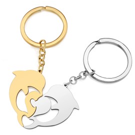 OUSIO Valentine's Day 2PCS Couples Matching Puzzle Cute Dolphin Keychain Ocean Animals Heart Key Ring for Women Charm Gifts (18K Gold And Silver Plated)