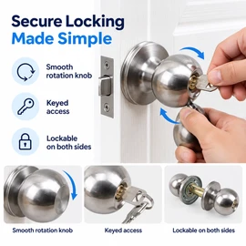Keyed Door Knob Lock for Home & Office – Stainless Steel Ball Knobset with 3 Keys for 35–45 mm Doors