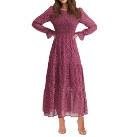 BTFBM Women Casual Long Sleeve Crew Neck Fall Dress Bohemian Relaxed Fit Floral Flowy Maxi Dresses Tiered Cocktail Dress(Floral Red White,Small)