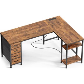 Huuger 55 Inch L Shaped Desk with Drawers, Reversible Computer Gaming Desk with Power Outlets and USB-C Port, Adjustable Side Storage Shelves, for Work Study Corner Home Office, Rustic Brown