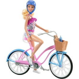 Barbie, Set de Juego, Bicicleta con Muñeca, para Niñas de 3 Años en Adelante, Mattel, Diseño Rosa y Azul, Canasta de Dulces, Caderas, Brazos y...     